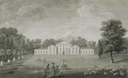Blick auf den Palast in Kew vom Rasen aus, graviert von William Woollett (1735-85) 1763
